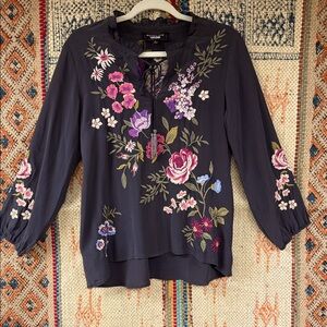 Johnny Was “Field Blossoms Top” in steel gray. New with tags.